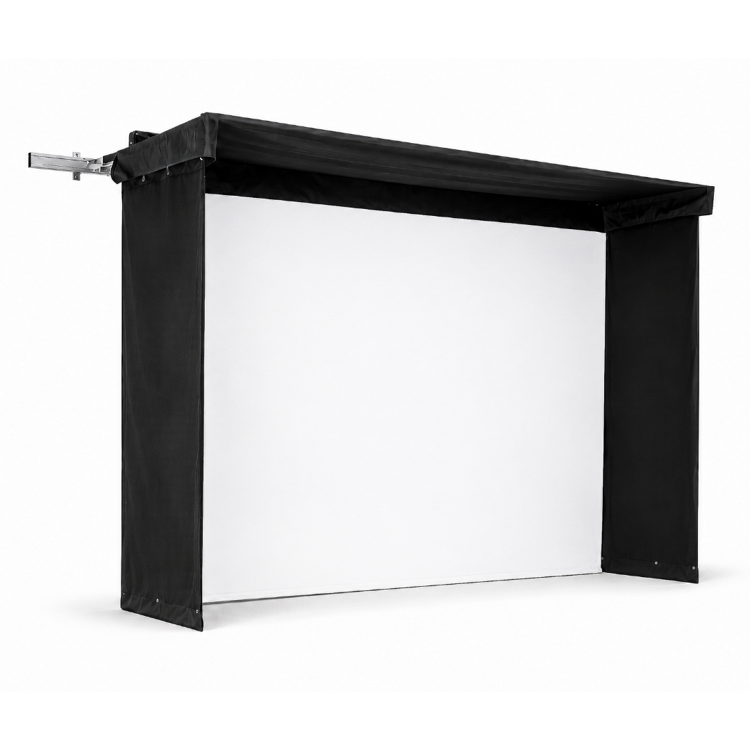 Side view of Vanish Lite 11 retractable golf enclosure with white impact screen