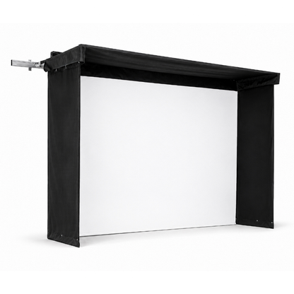 Side view of Vanish Lite 11 retractable golf enclosure with white impact screen