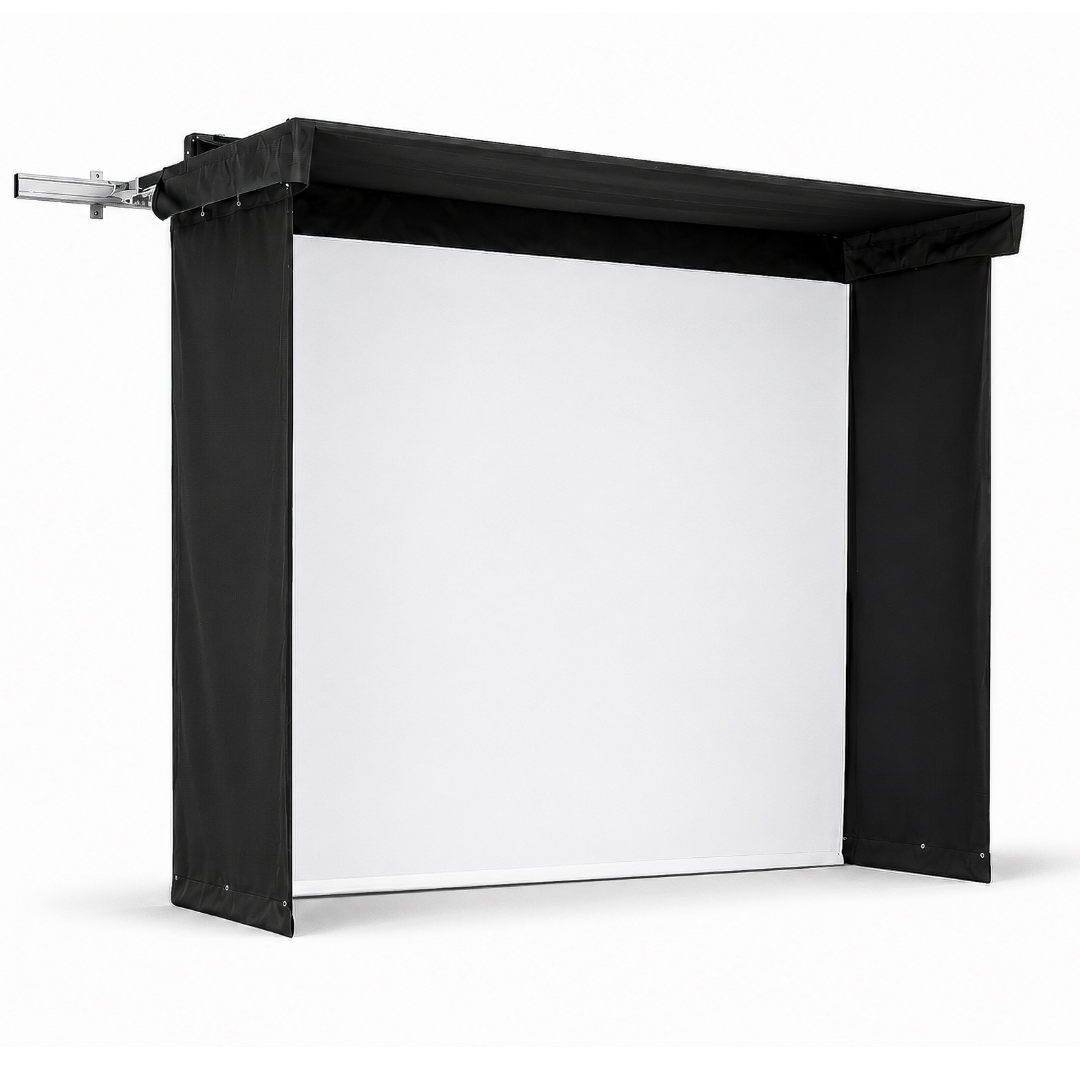 Side view of Vanish Lite 9 retractable golf enclosure with white impact screen