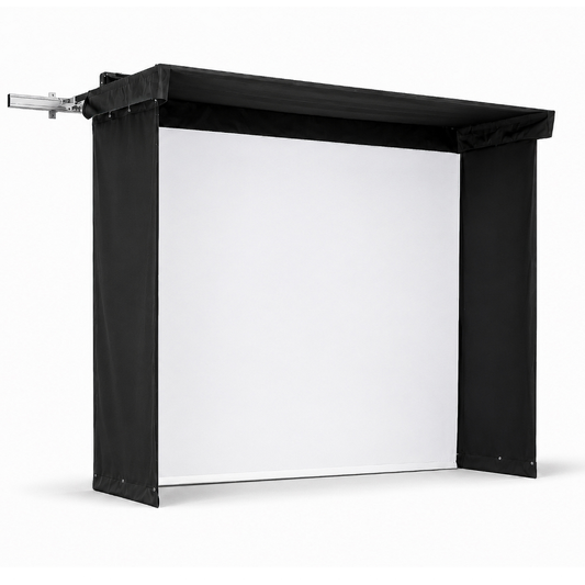 Side view of Vanish Lite 9 retractable golf enclosure with white impact screen