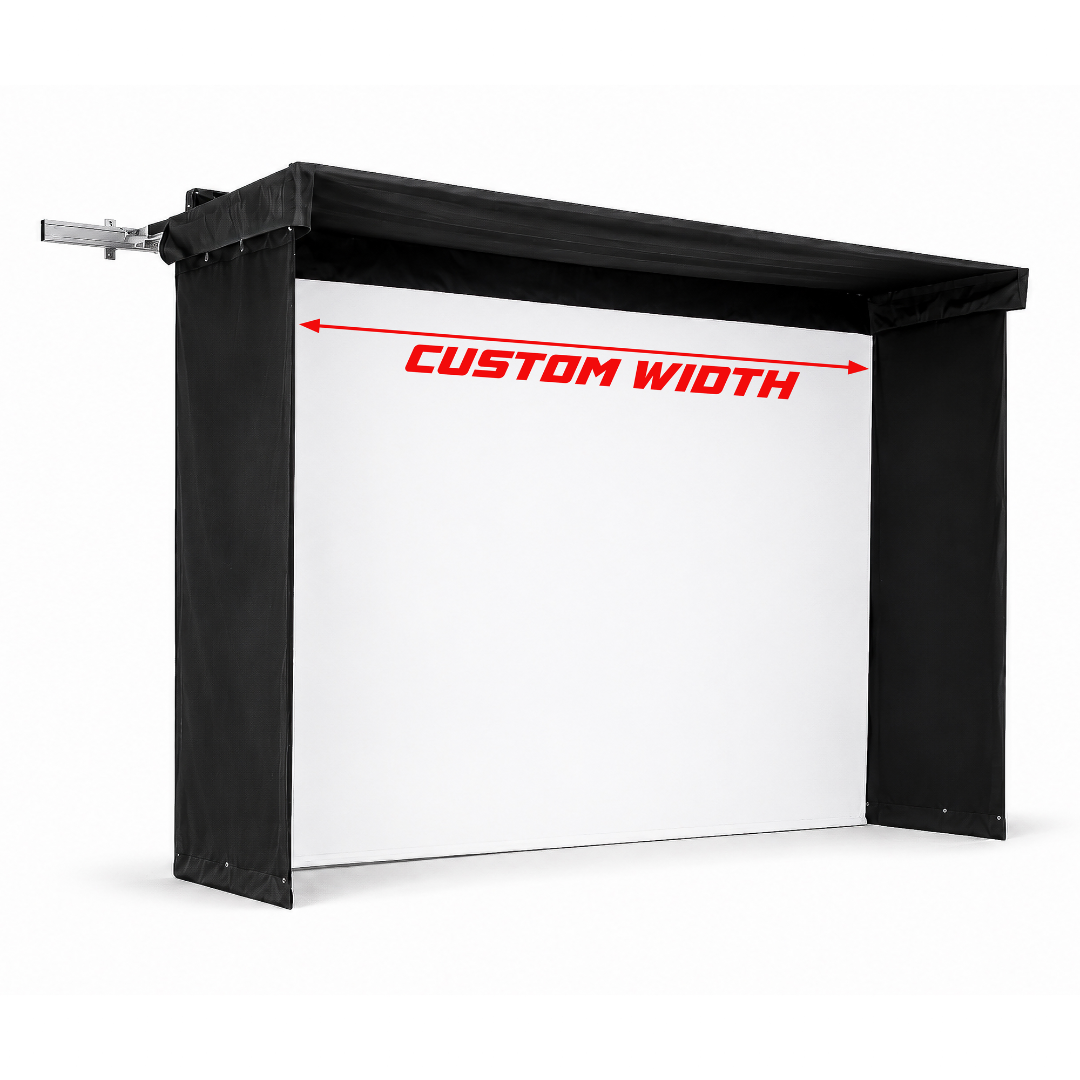 Side view of a custom-width Vanish Lite golf enclosure with white impact screen and width overlay