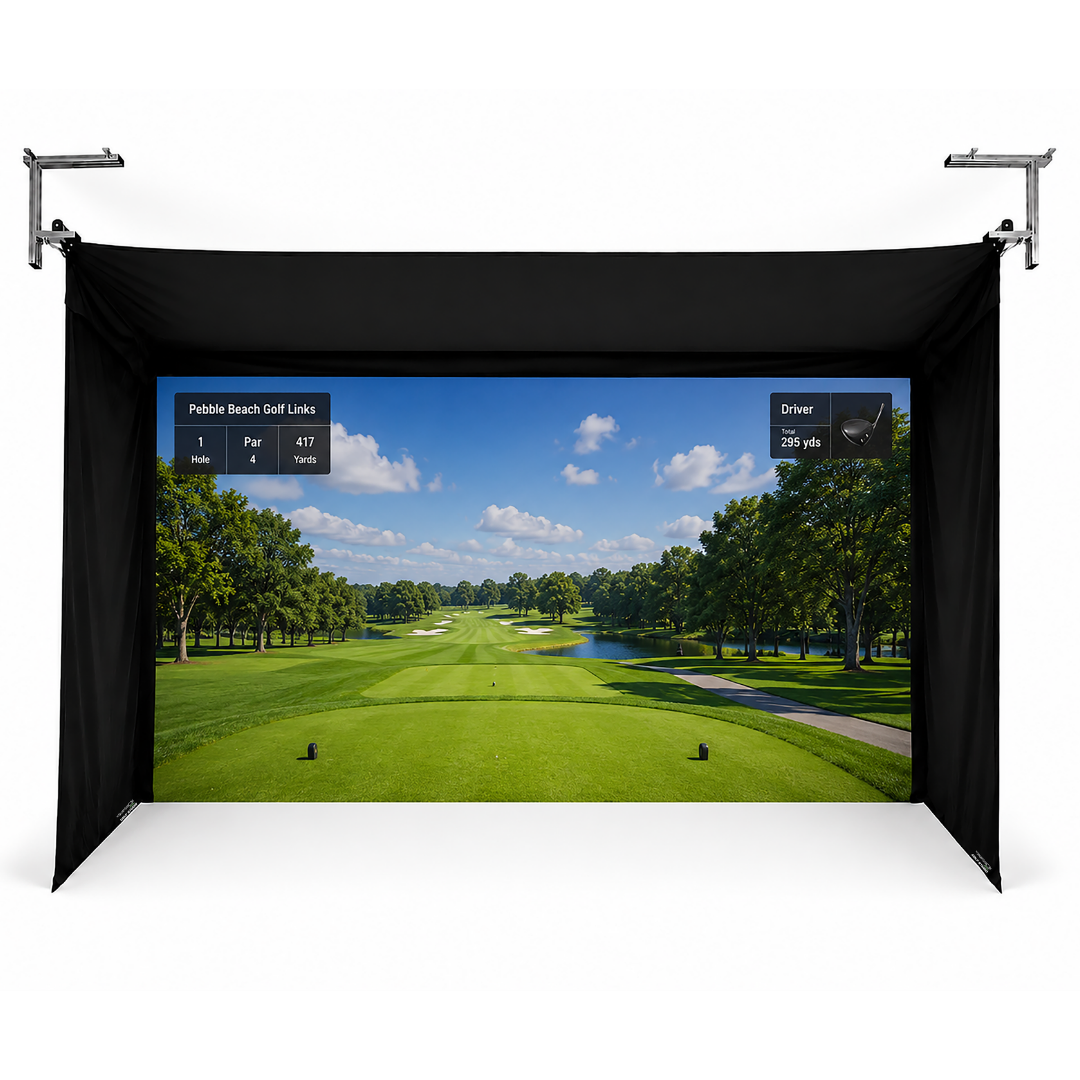 Vanish 16H golf enclosure with a golf course projected on the screen