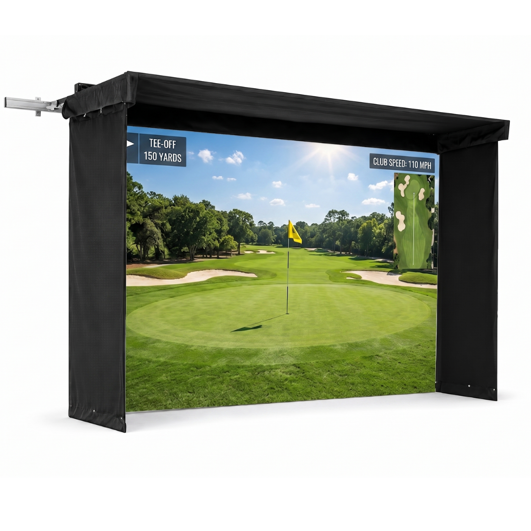 Side view of Vanish Lite 13 golf enclosure with golf course projected on the screen