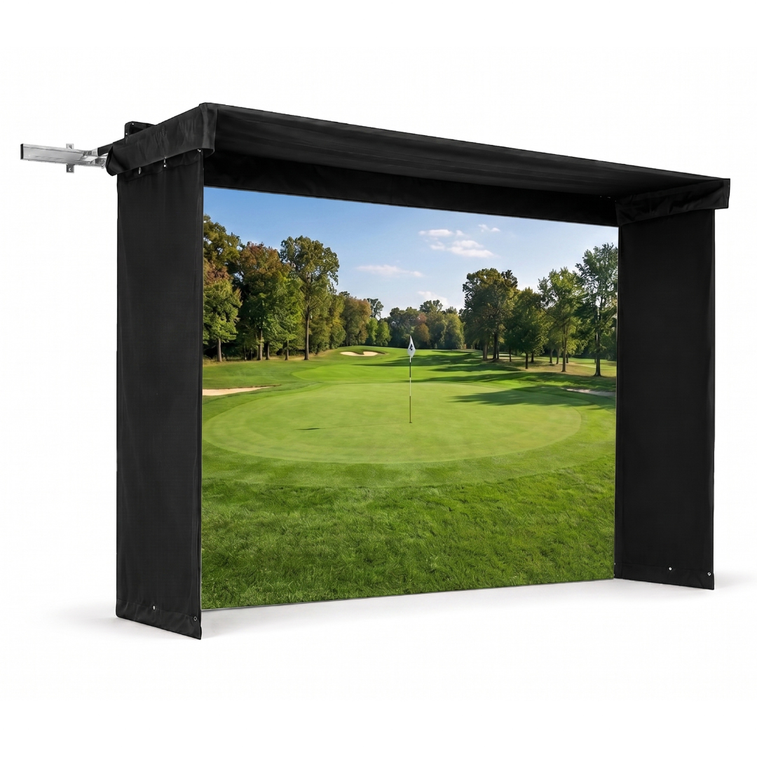 Side view of Vanish Lite 11 golf enclosure with golf course projected on the screen