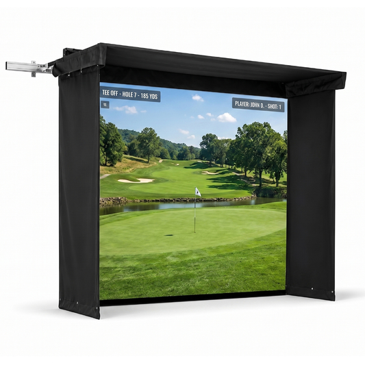 Side view of Vanish Lite 9 golf enclosure with golf course projected on the screen