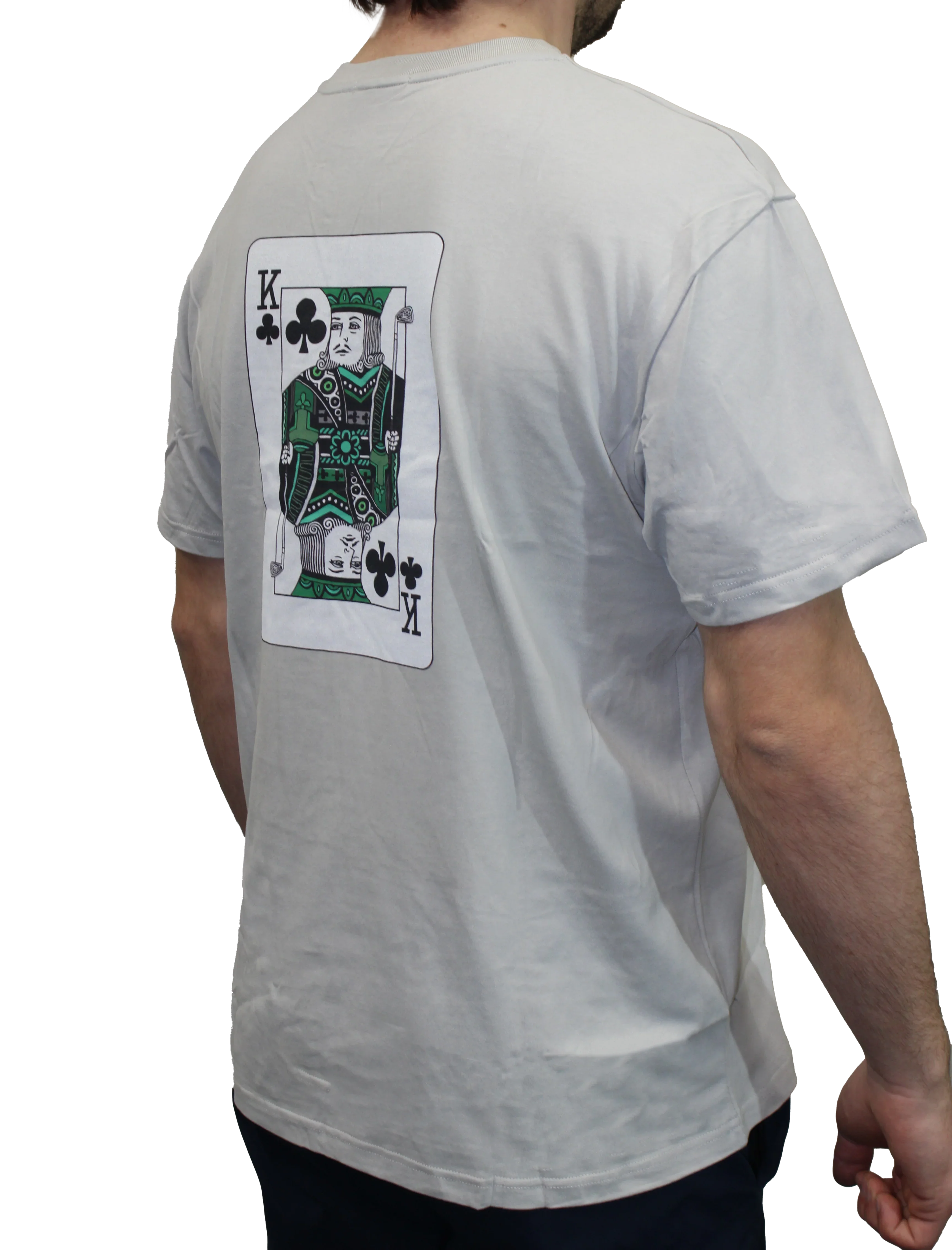 king of clubs back of tshirt with black and green playing card