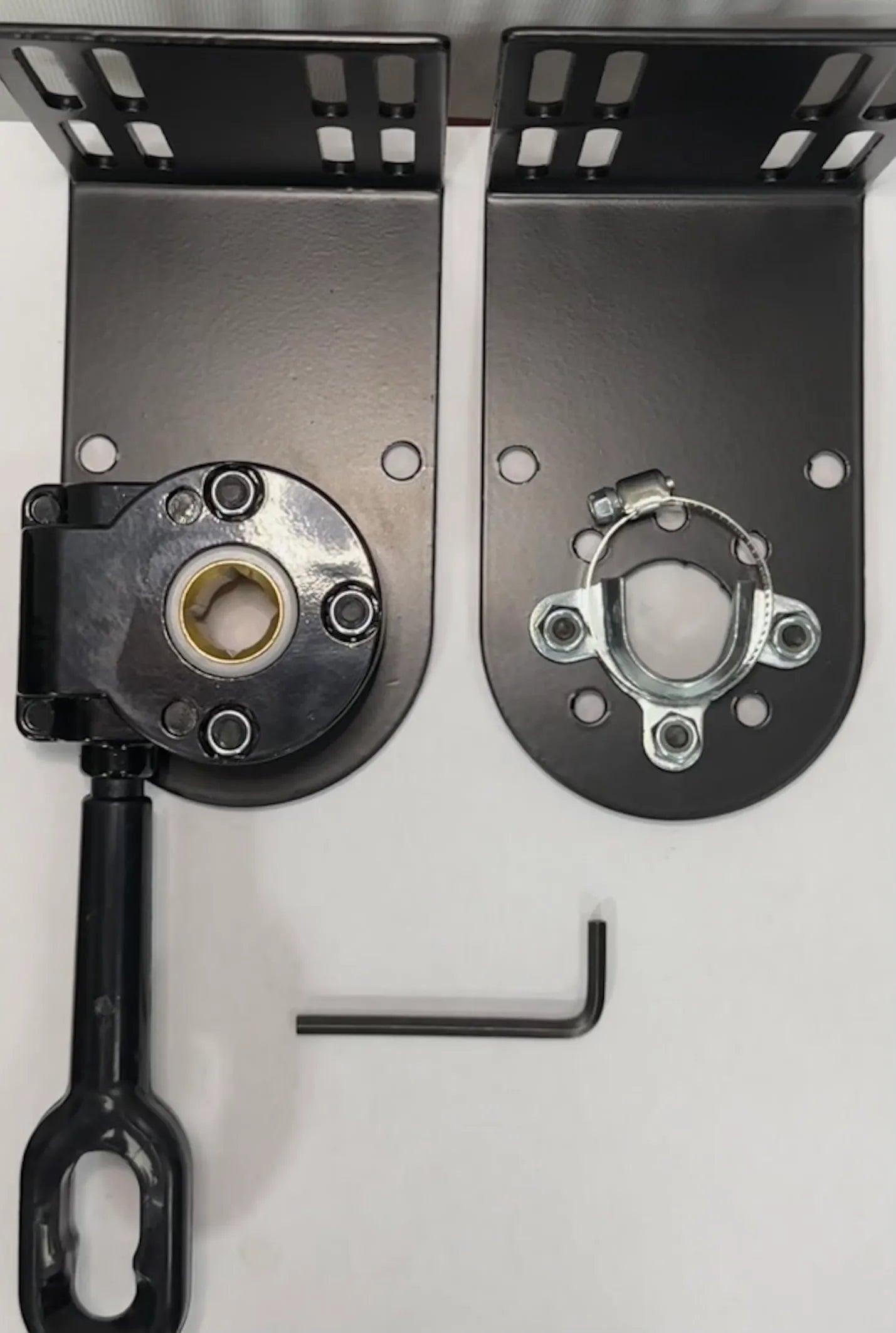 Assembled hand crank assembly parts, including brackets, screws, for moving your hand crank SportScreen system to a new location.