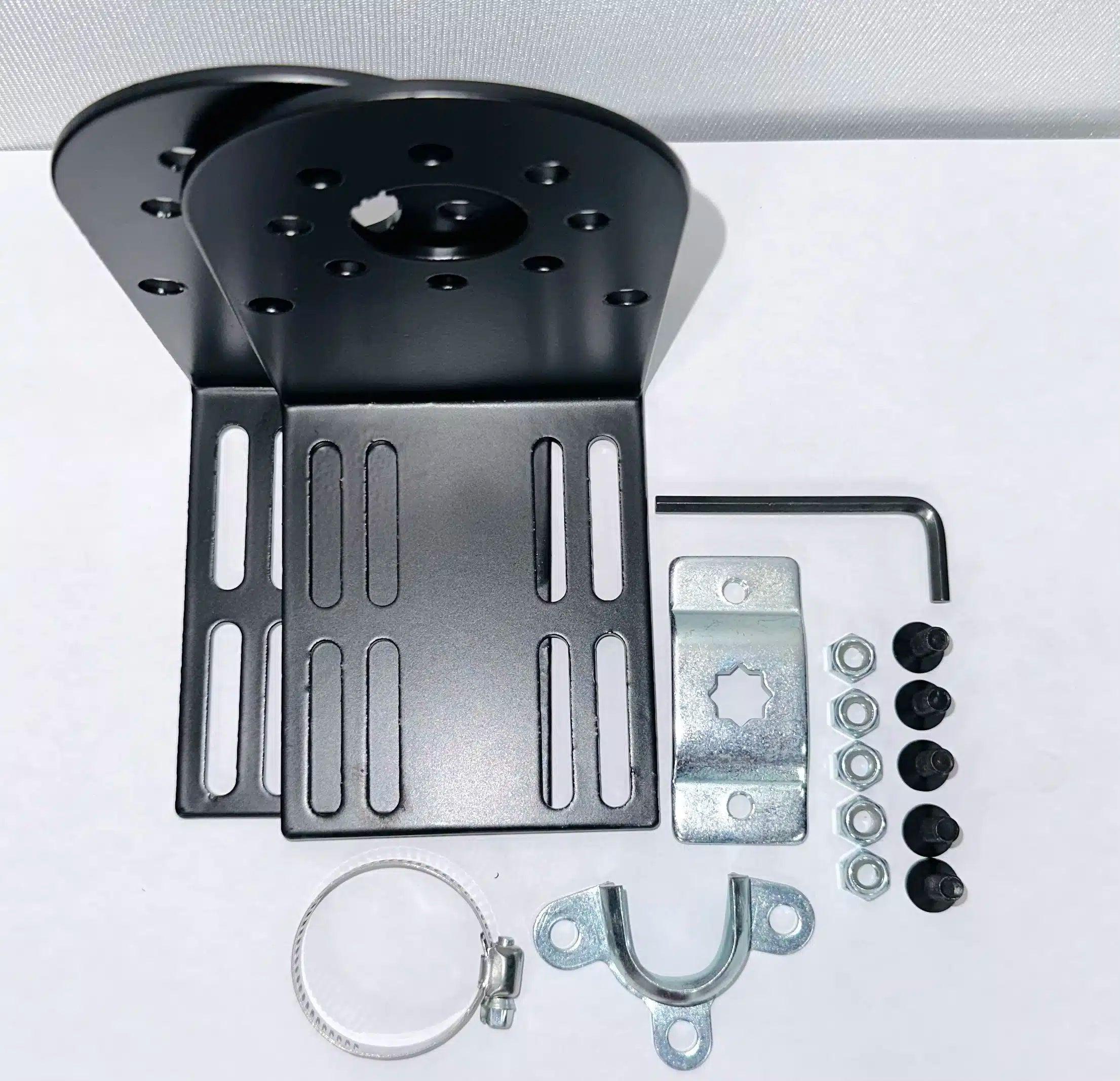 A collection of parts, including brackets, screws, for relocating a power SportScreen system.