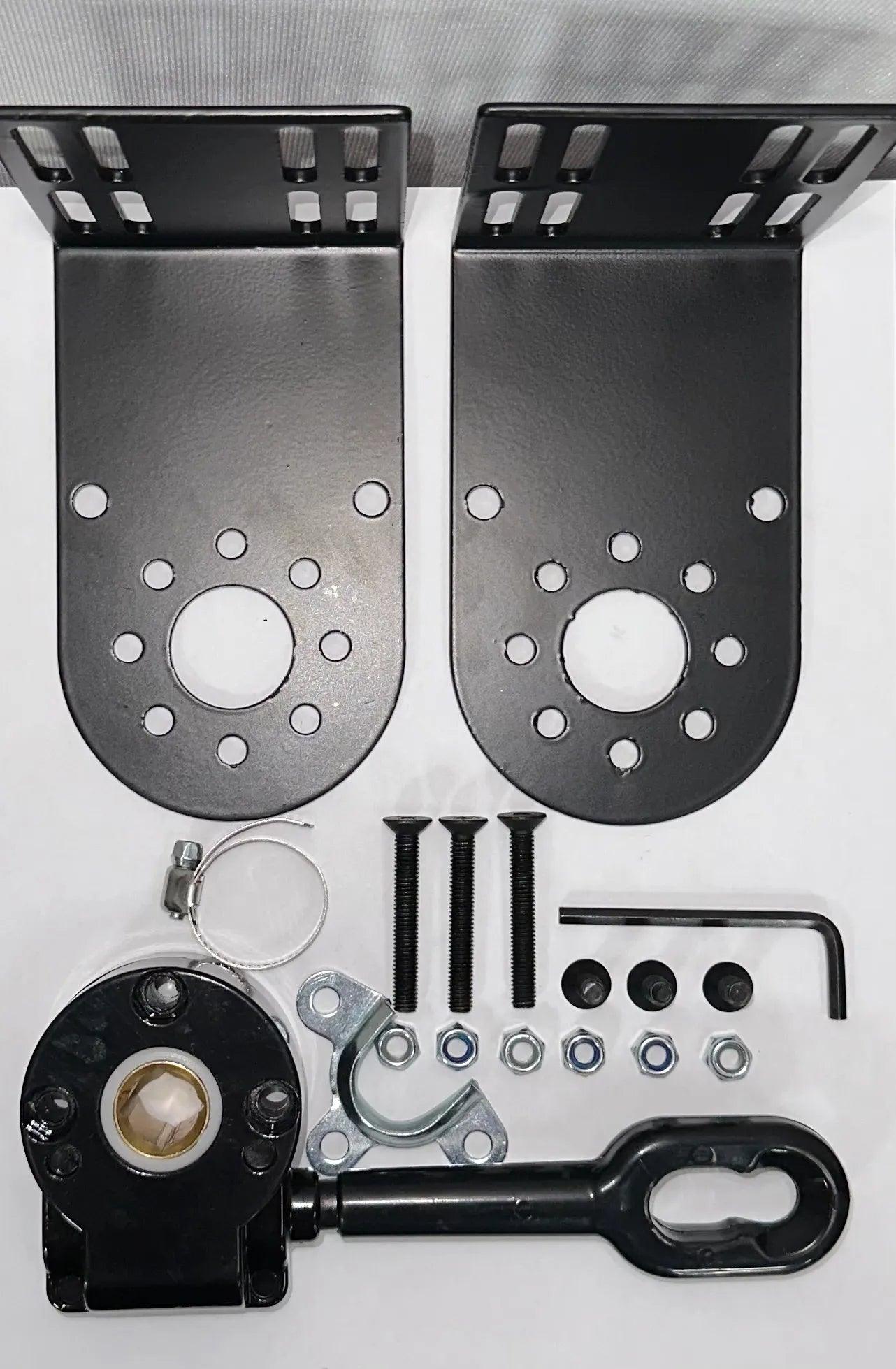 A collection of parts, including brackets, screws, and a hand crank, for relocating your hand crank SportScreen.