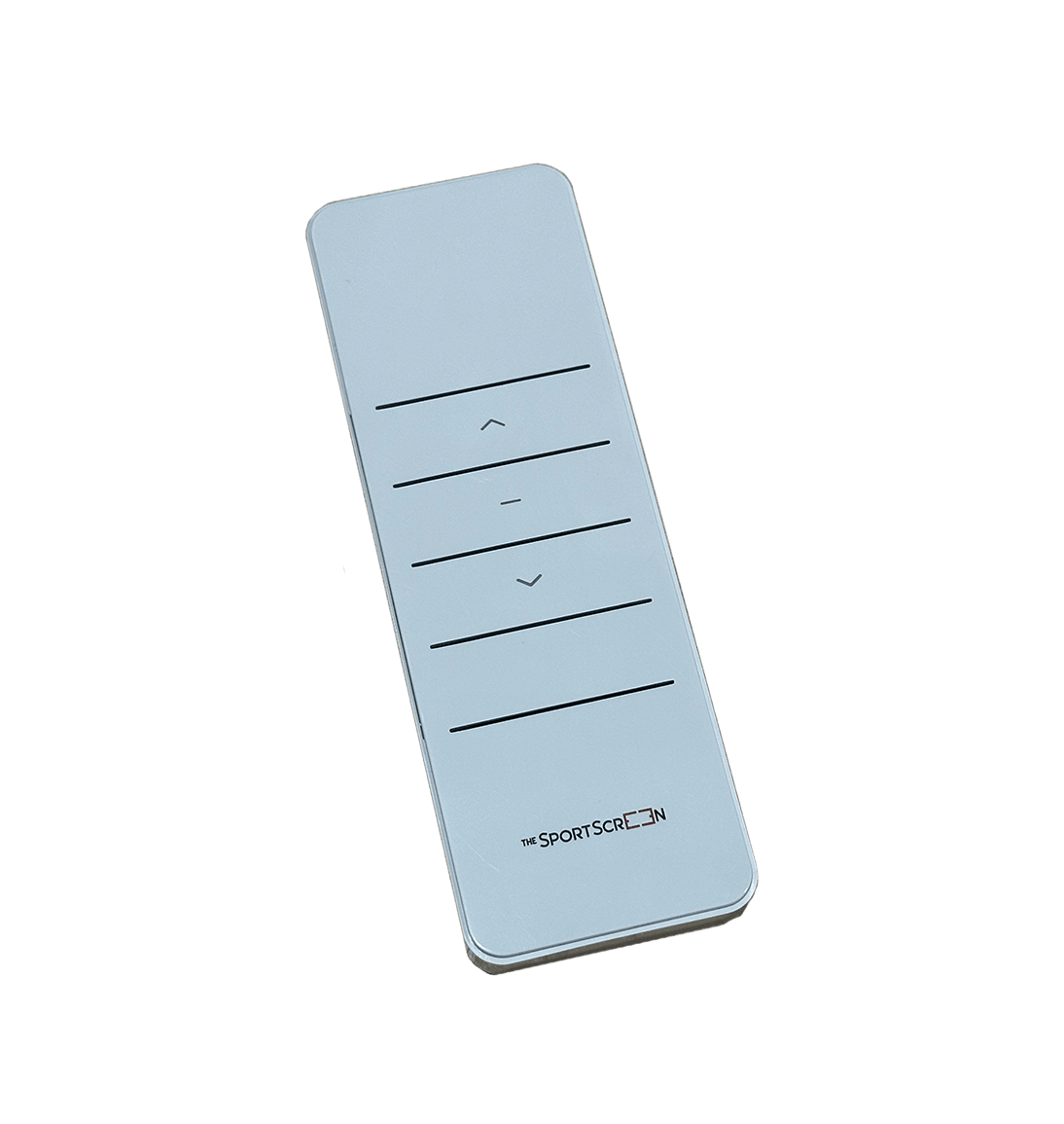 A close-up of a remote control with buttons for operating a retractable golf or hockey screen.