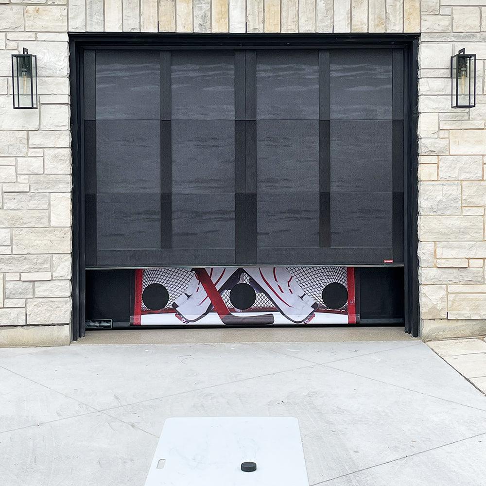 Garage with SportScreen mounted around garage rails inside garage.