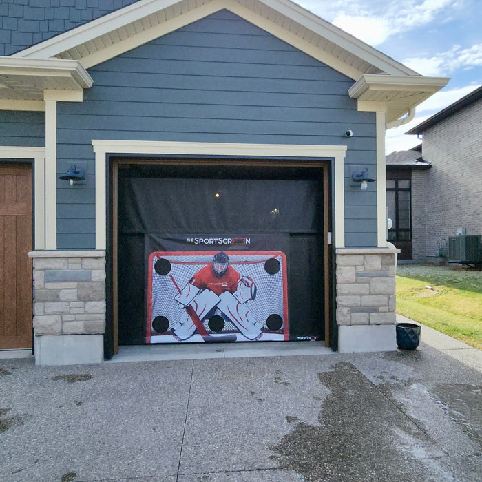Hockey SportScreen mounted around garage rails