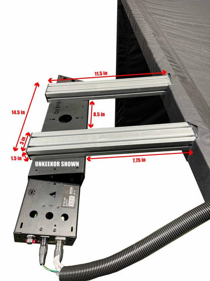 Parlour Series Launch Monitor Bracket mounted to a golf enclosure frame, with bracket dimensions
