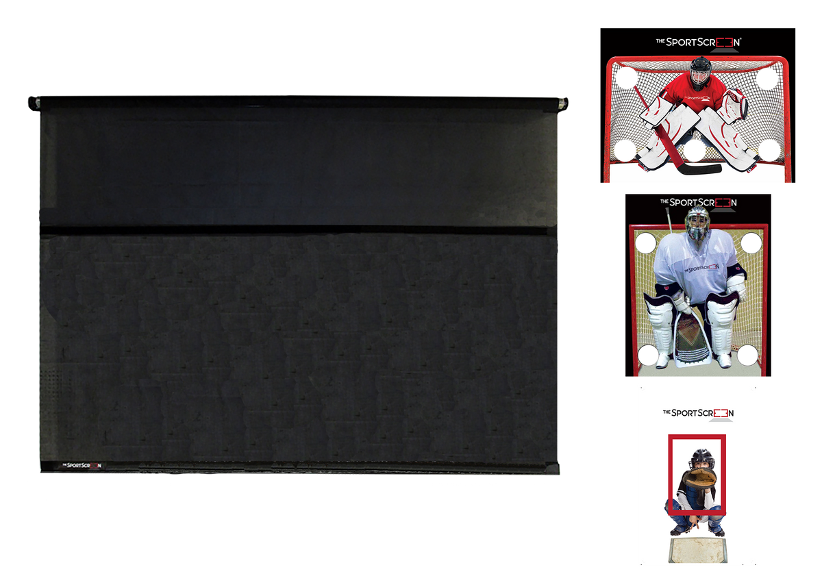 Multi-Sport SportScreen Bundle: black roll-up screen with interchangeable sport targets, shown without retraction mechanism