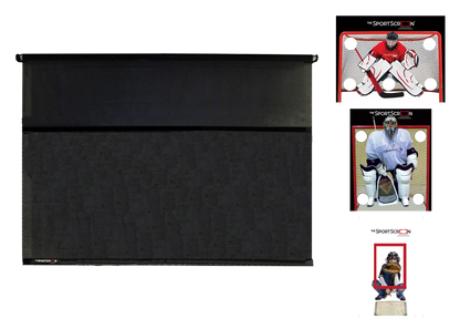Multi-Sport SportScreen Bundle: black roll-up screen with interchangeable sport targets, shown without retraction mechanism