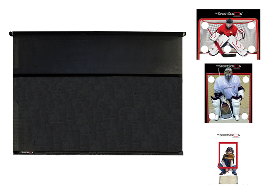 Multi-Sport SportScreen Bundle: black roll-up screen with interchangeable sport targets, shown without retraction mechanism