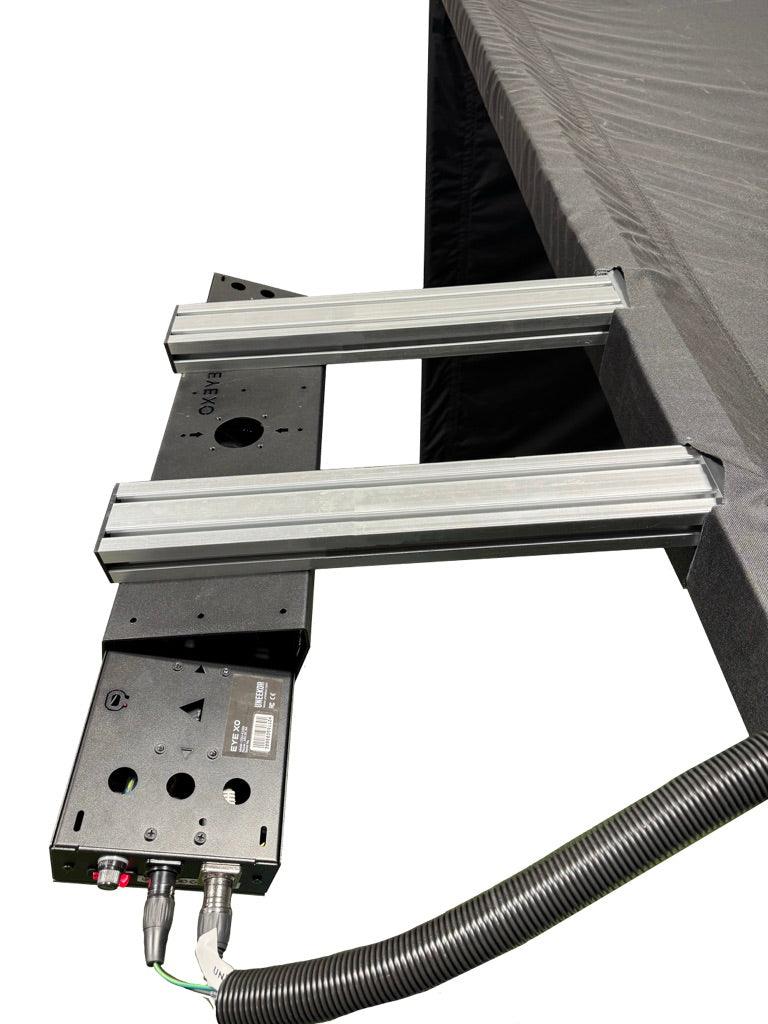 Parlour Series Launch Monitor Bracket mounted to a golf enclosure frame, shown on a plain background