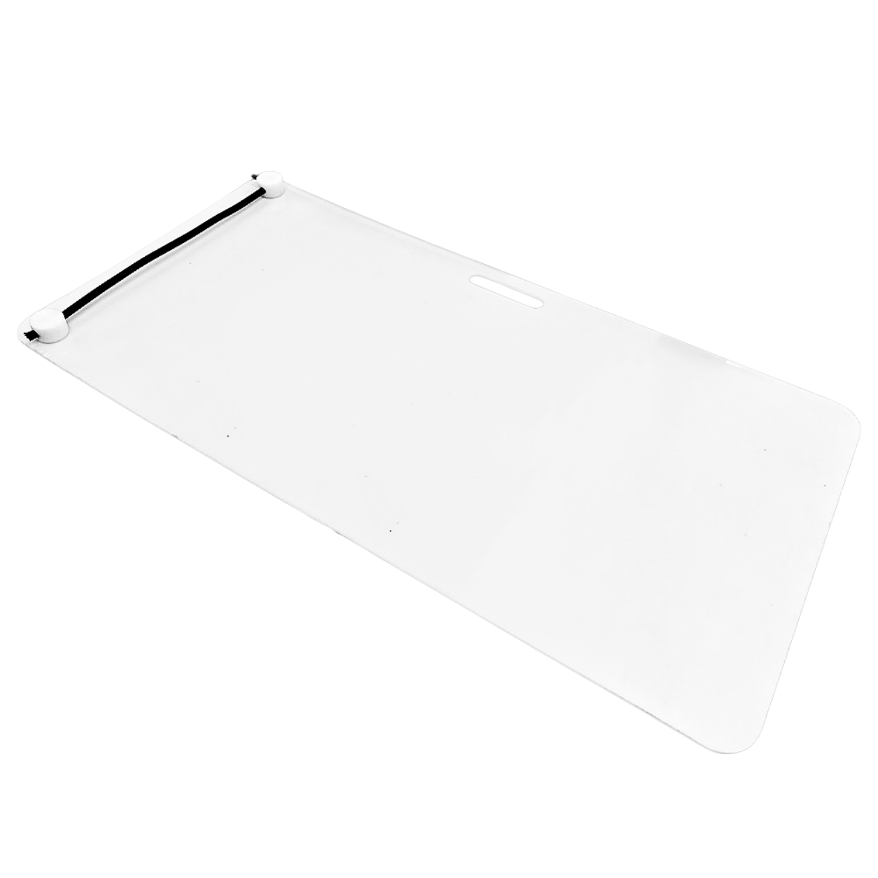 A clear rectangular shooting pad for hockey with rounded corners and puck rebounder with handle, shown on a plain white background.