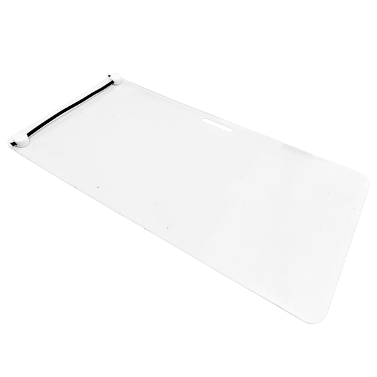 Clear hockey shooting pad with rounded corners and puck rebounder with handle on a white background