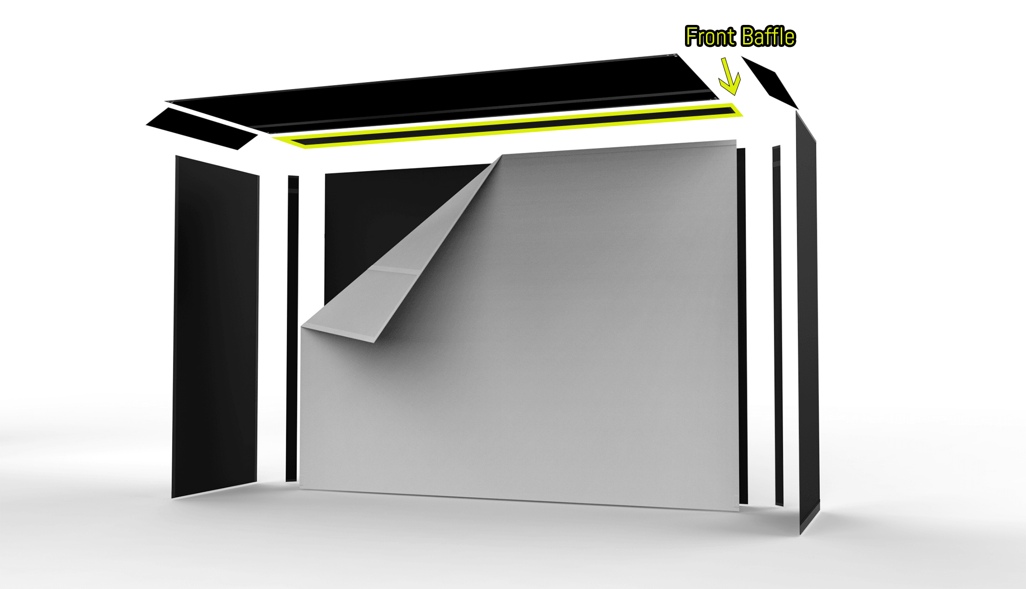 The SportScreen Golf Front Baffle – a black panel with Velcro edges, designed to connect the ceiling panel, corner pieces, side baffles, and impact screen for a fully enclosed front.