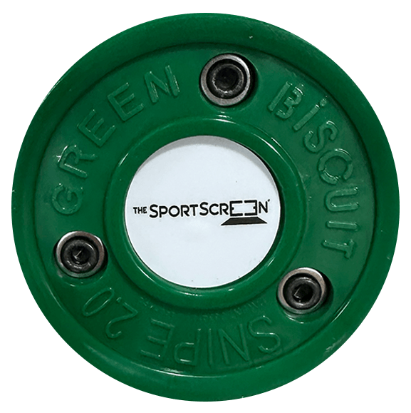 green biscuit puck with white and black SportScreen logo