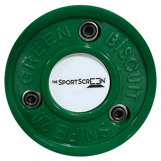 SportScreen Green Biscuit Puck Snipe 2.0, green puck with white and black SportScreen logo