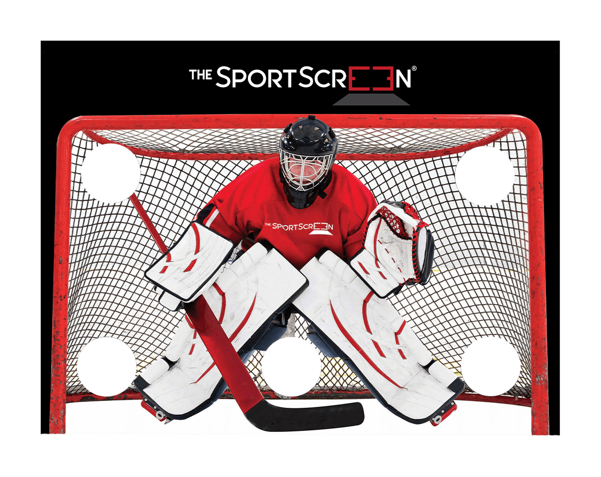 SportScreen Red Hockey Target with corner target holes for hockey shooting accuracy practice