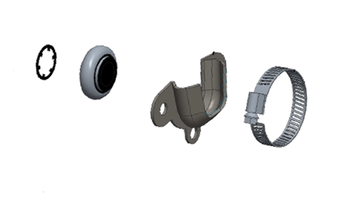Idler end hardware set, including 1 press-on retainer, 1 bearing, 1 drop-in bearing bracket, and 1 hose clamp, designed for secure installation and smooth operation of the SportScreen headroll.
