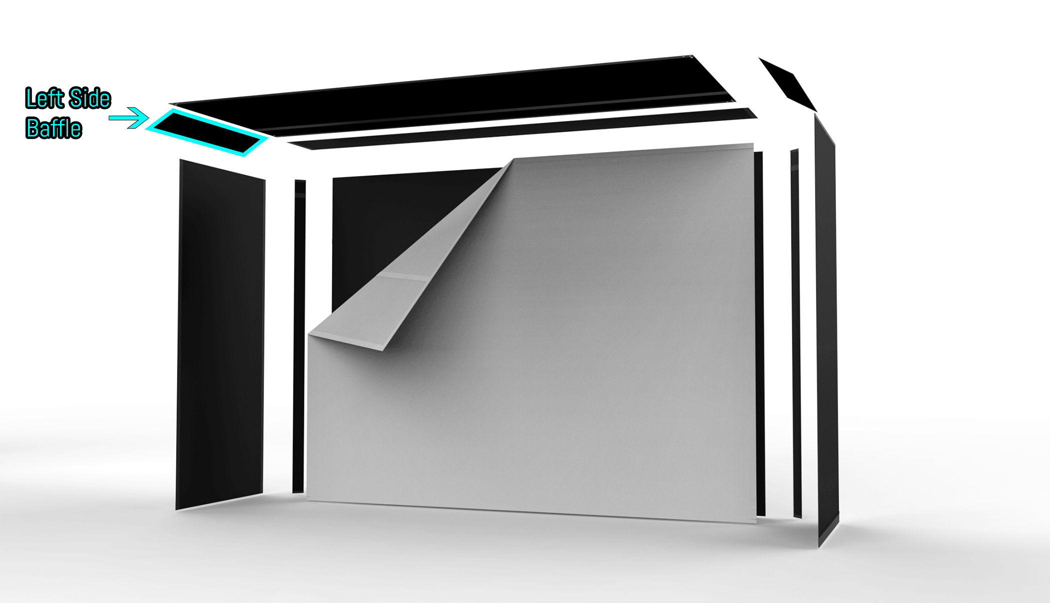 The SportScreen Golf Studio Left Side Baffle – a black panel with Velcro edges, designed to connect the ceiling panel and side screen for a secure enclosure.