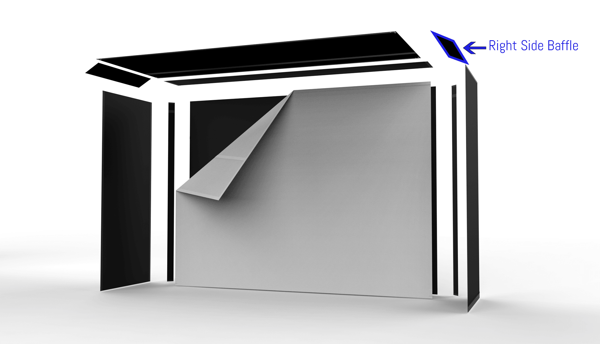 The SportScreen Golf Studio Right Side Baffle – a black panel with Velcro edges, designed to connect the ceiling panel and side screen for a secure enclosure.
