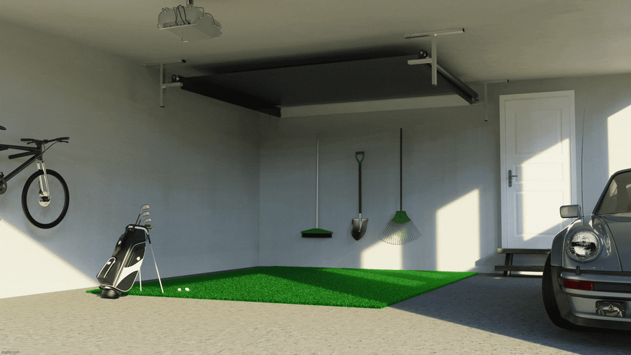 Vanish 11 Gif with system retracting up and down inside garage so that enclosure protects parked car in garage and allows for flex space