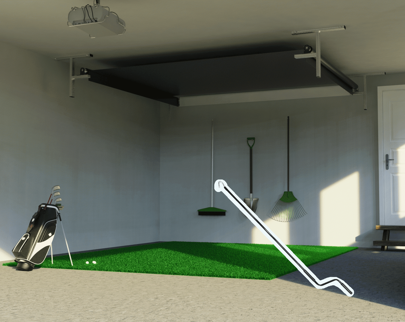 Animated Vanish 11 hand crank retractable golf enclosure rolling up to open the garage golf studio space