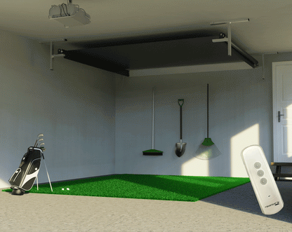 Animated Vanish 11 remote control retractable golf enclosure rolling the impact screen up and down