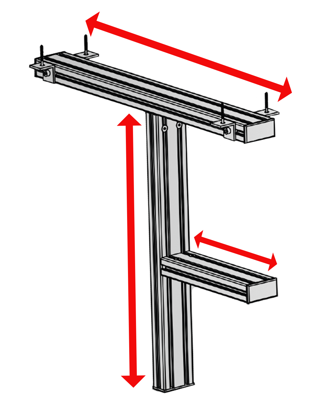 Diagram of a metal bracket with adjustable dimensions indicated by red arrows on a white background
