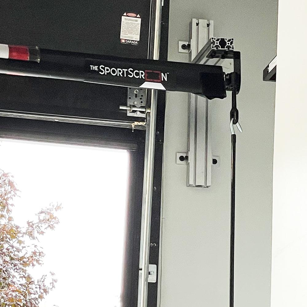 Front view of a two-piece versatile mounting bracket, designed for flexible and secure installation of the SportScreen mounting around garage rails.